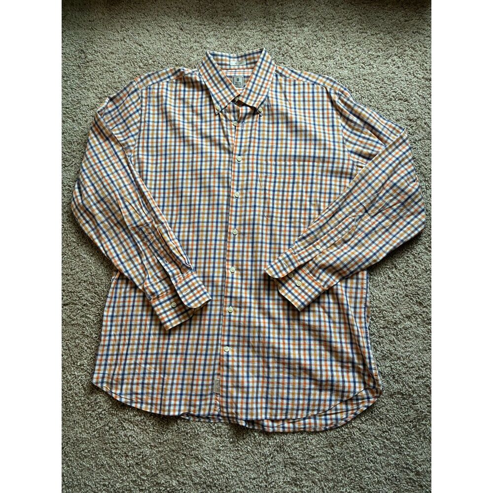 Peter Millar Gingham Checkered Orange/Blue Button Down Shirt - Men's Large - EUC